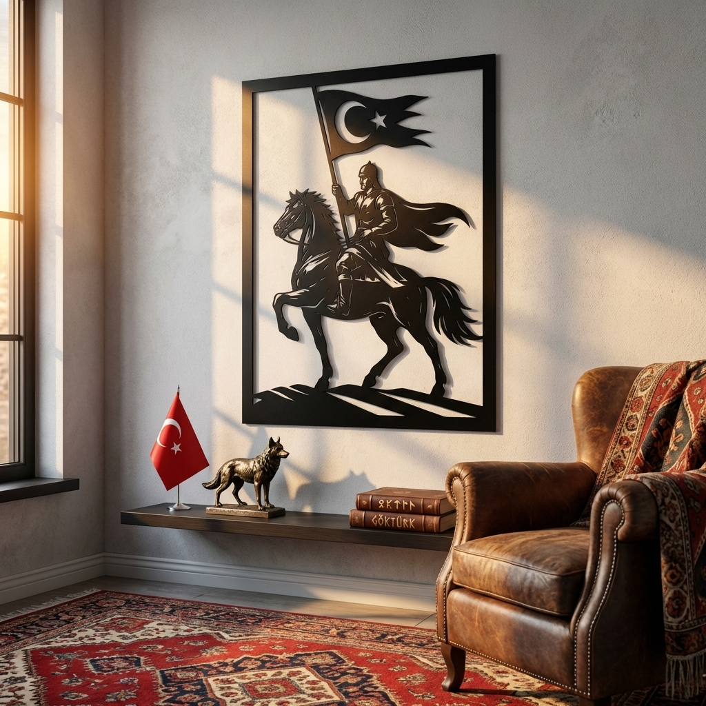 Türk Savaşçı Metal Duvar Dekoru – Atlı Türk ve Bayrak Tasarımı