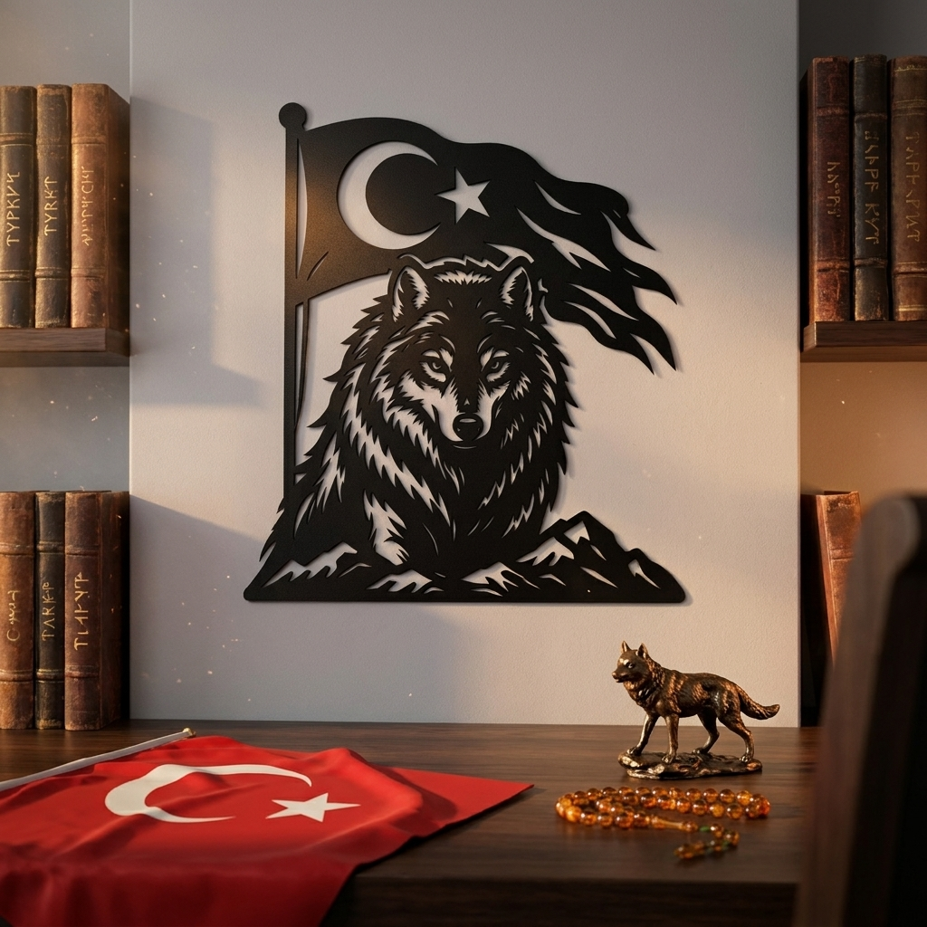 Bozkurt Metal Duvar Dekoru – Türk Bayraklı Kurt Tasarımı