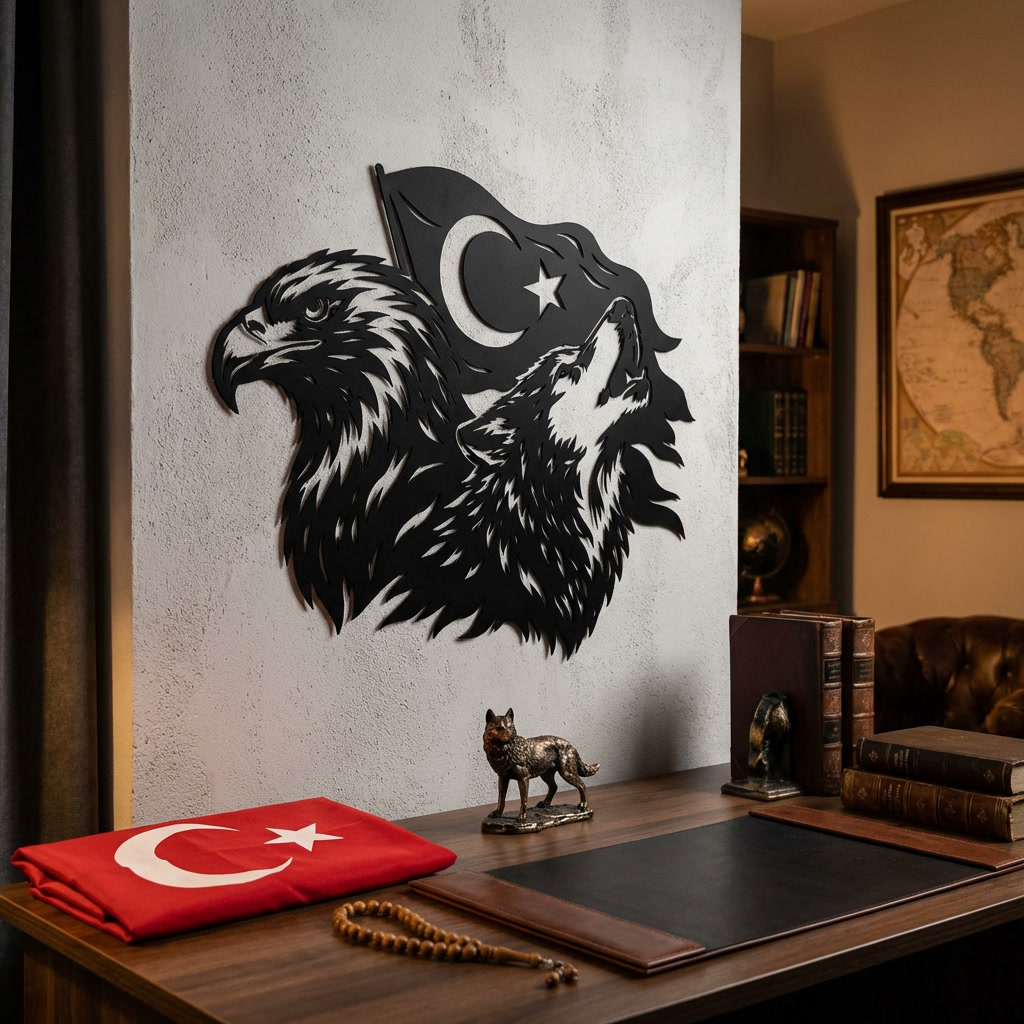 Bozkurt ve Kartal Metal Duvar Dekoru – Türk Bayraklı Tasarım