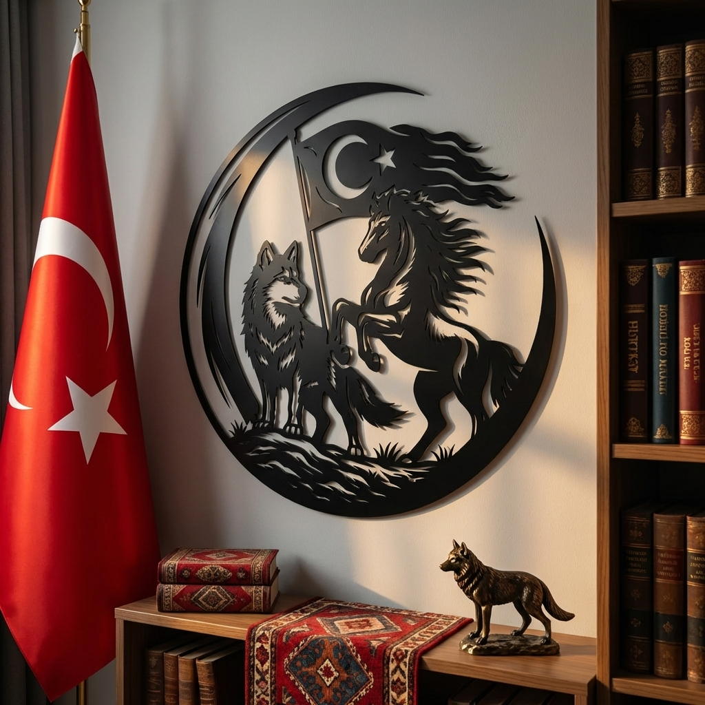 Hilal İçinde Kurt ve At Metal Duvar Dekoru – Türk Bayraklı Tasarım