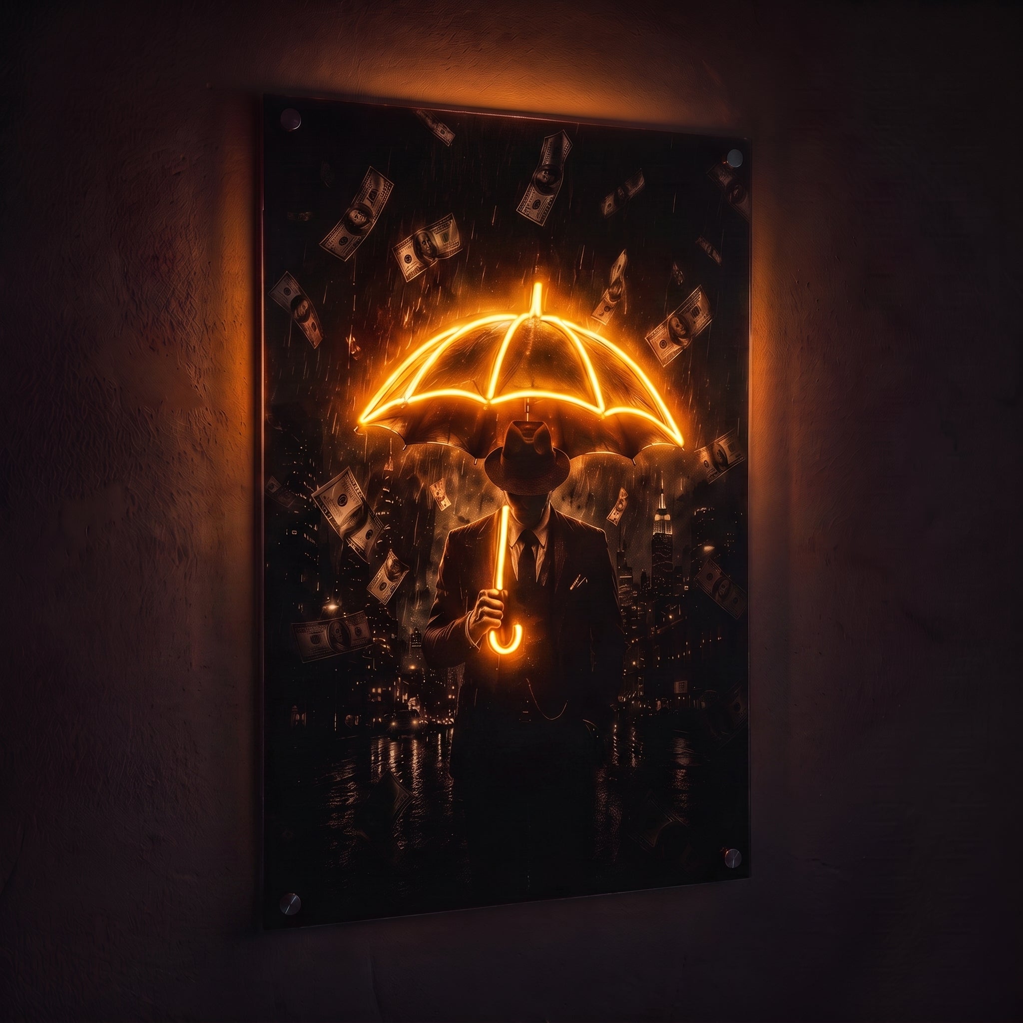 Money Rain – Şemsiyeli Adam Neon LED Tablo