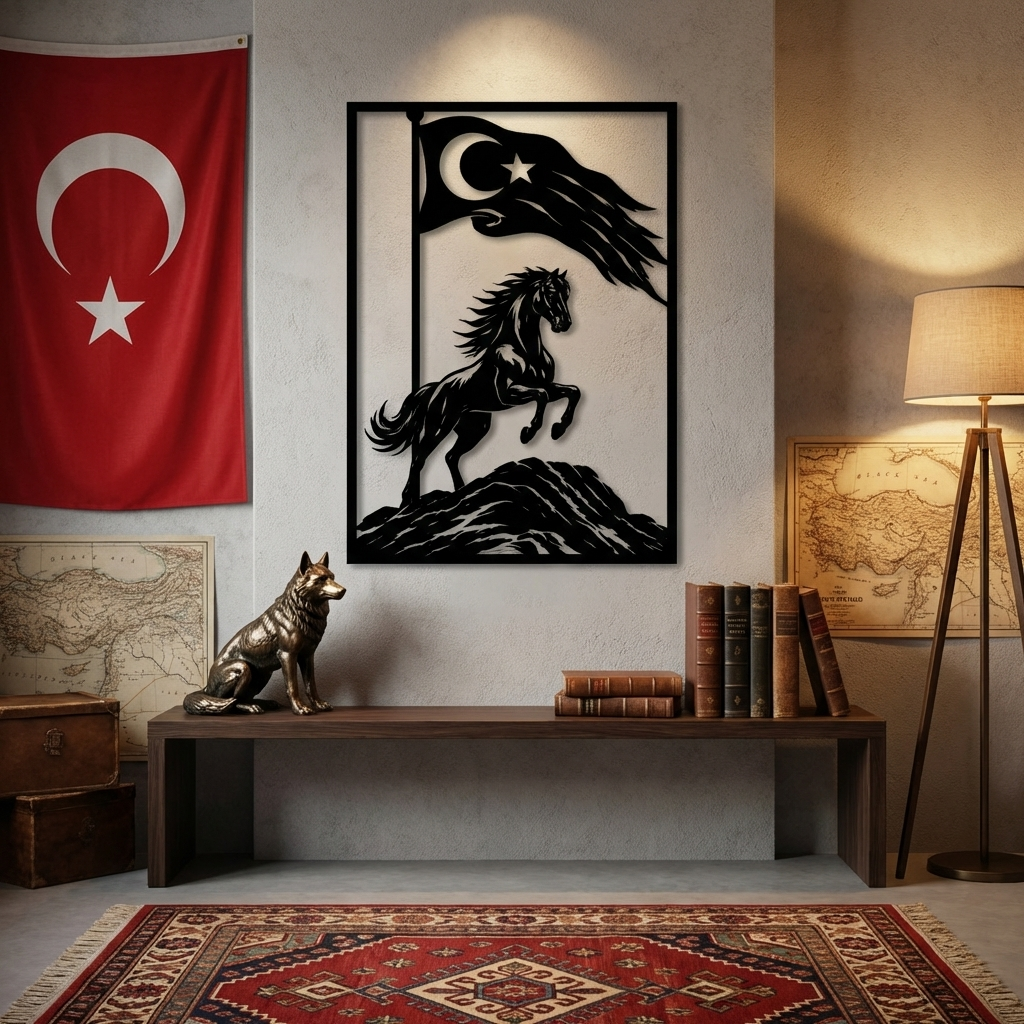 Şaha Kalkan At Metal Duvar Dekoru – Türk Bayraklı Tasarım