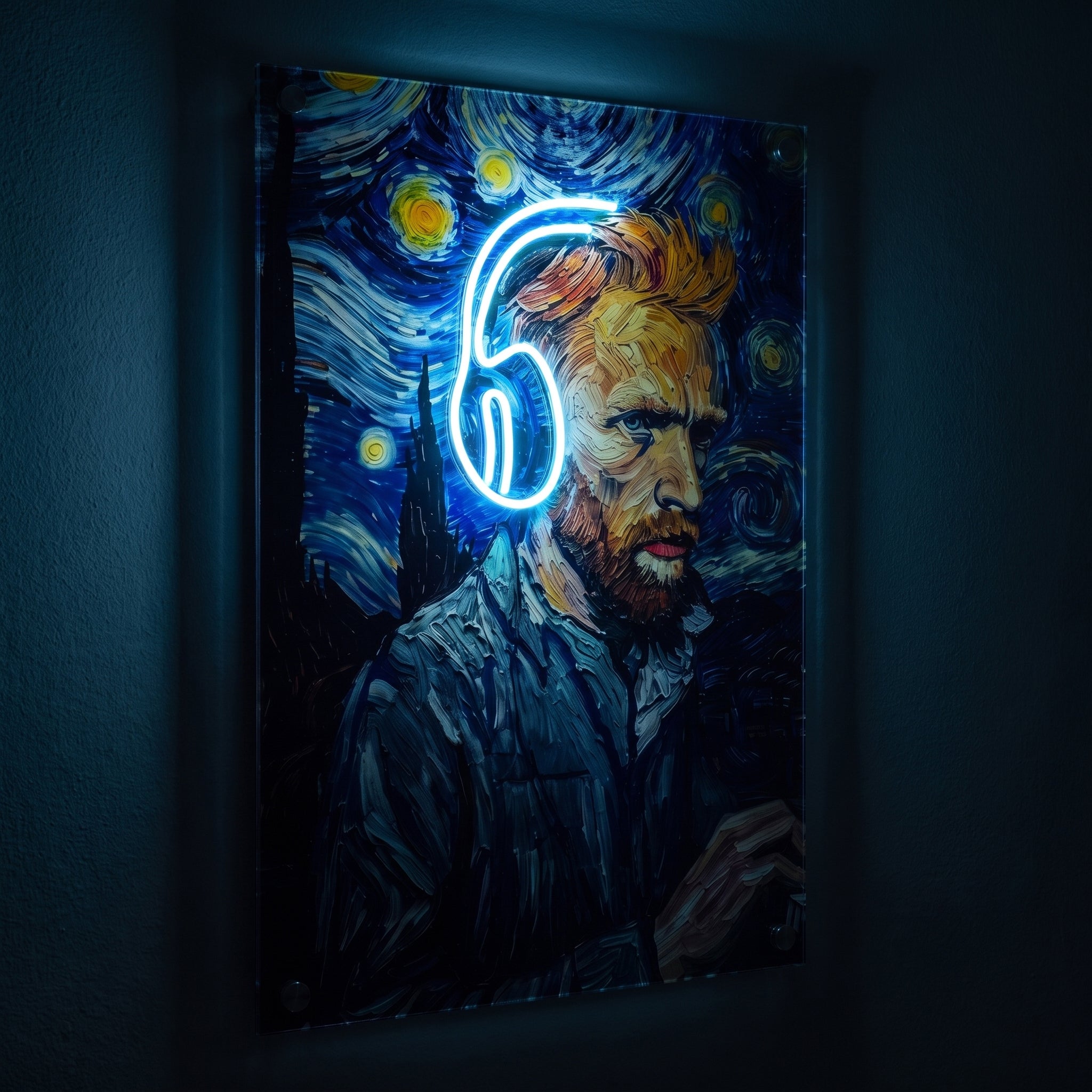 Vincent van Gogh – Yıldızlı Gece Kulaklıklı Neon LED Tablo