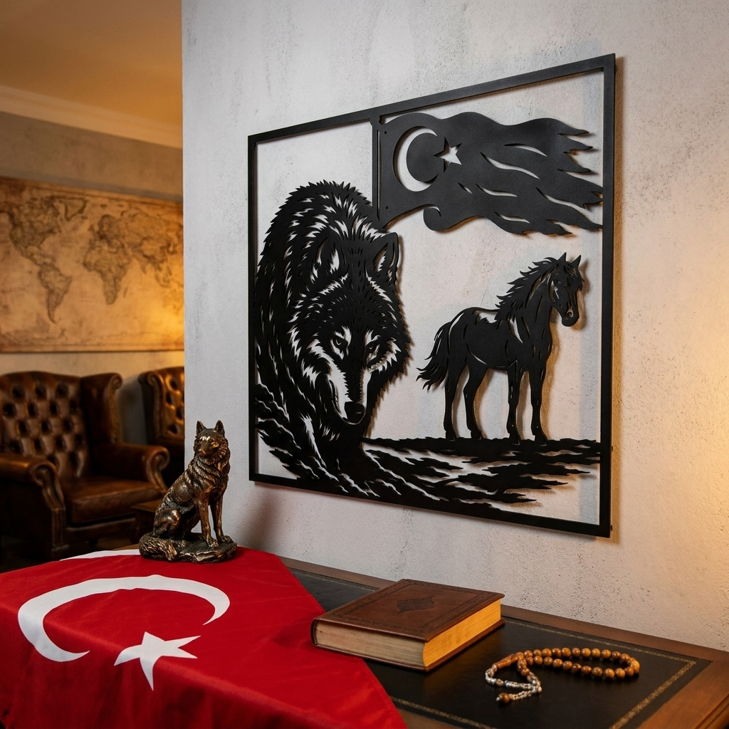 Milli Ruh Metal Duvar Dekoru – Kurt ve At Figürlü Bayrak Tablo