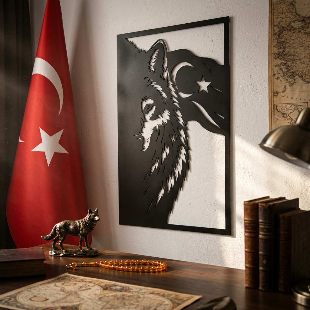 Sessiz Güç Metal Duvar Dekoru – Bozkurt Ve Bayrak Tasarım